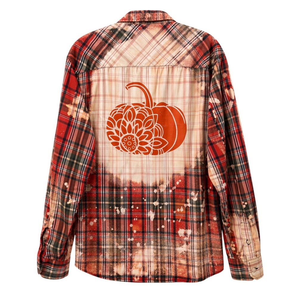 Rue21 Black Bleached Flannel Shirt Red Plaid Pumpkin Graphic Fall Top Womens L - Picture 3 of 9
